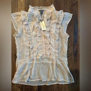 Isabella Rodriguez Cream Babydoll Button Up Sheer Top Ruffles Cap Sleeve